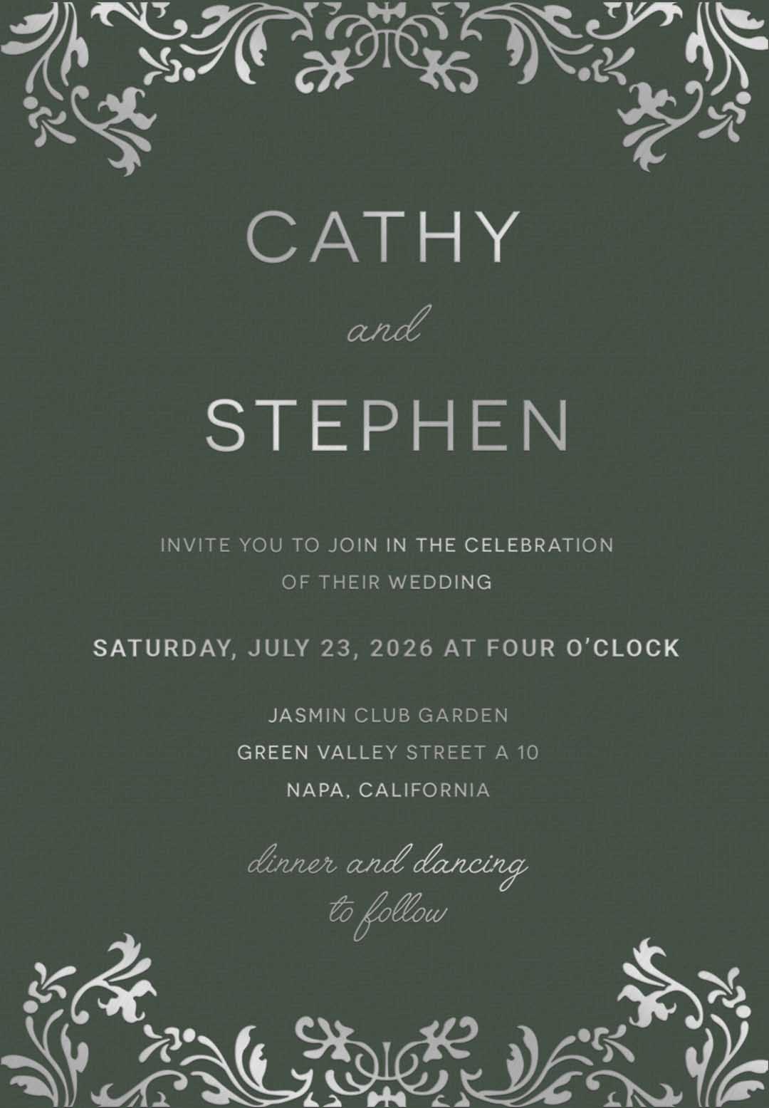 Royal Flourish sage paper wedding invitation