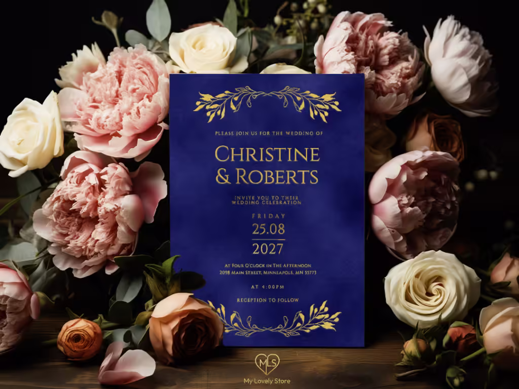 Leafy Laurel blue premium velvet foil pressed invitation