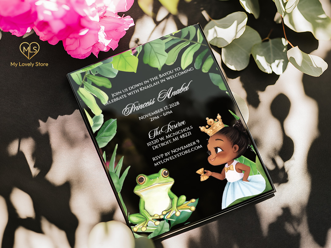 Alternative view of Princess and the Frog black acrylic birthday invitation
